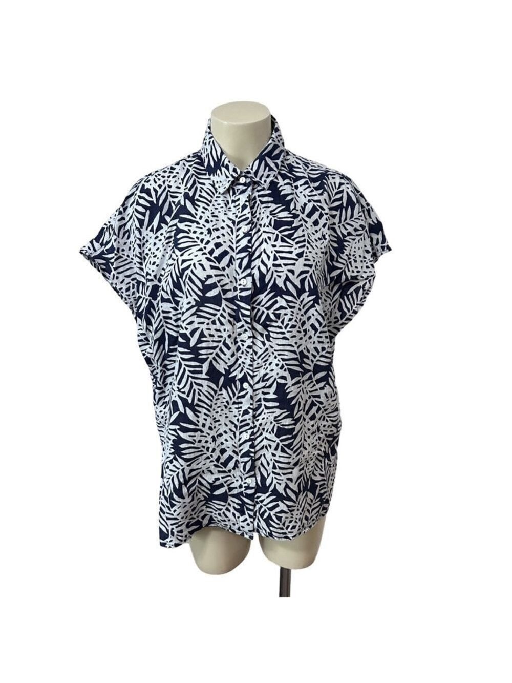 Tommy Bahama Women’s XL Linen Navy Blue White Tropical Leaf Button Shirt